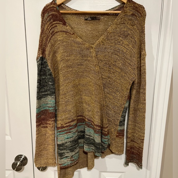 Prana Vignette Asymmetrical V neck Knit Multicolour Sweater Sz L - Picture 3 of 14